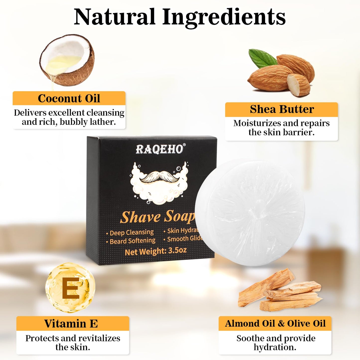 RAQEHO 3.5oz Shaving Soap for Men - Sandalwood Shaving Soap Puck Foam Shave Cream with Shea Butter & Coconut Oil for Sensitive Skin Personal Care Products Bathroom Supplies Travel Essentials