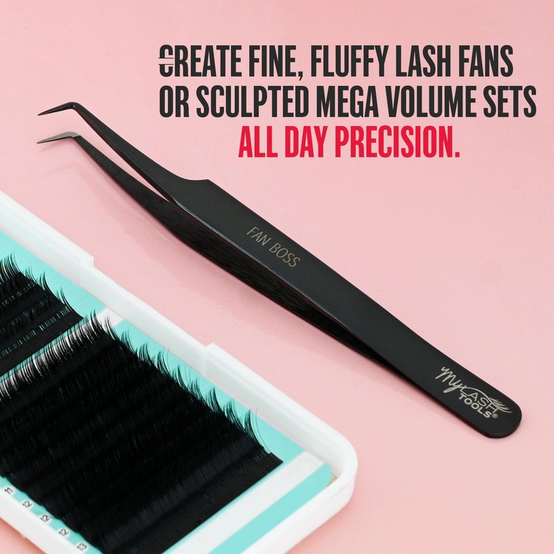 My Lash Tools 90 Degree Volume Fiber Tip Lash Tweezer – FAN BOSS, Non Slip Grip Professional Eyelash Extension Tweezers for Mega Volume Fans, Lash Artist Precision Tool (Black)