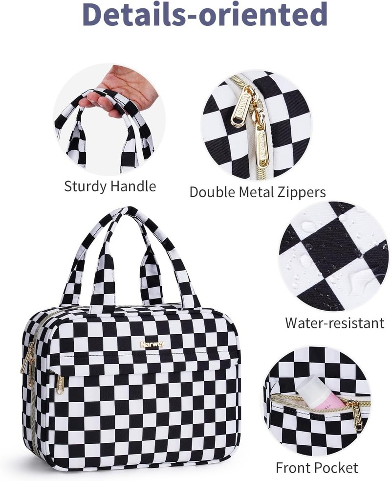 Hanging Toiletry Bag for Women - Checkered Travel Makeup Organizer | Black Checkerboard, Medium Size
