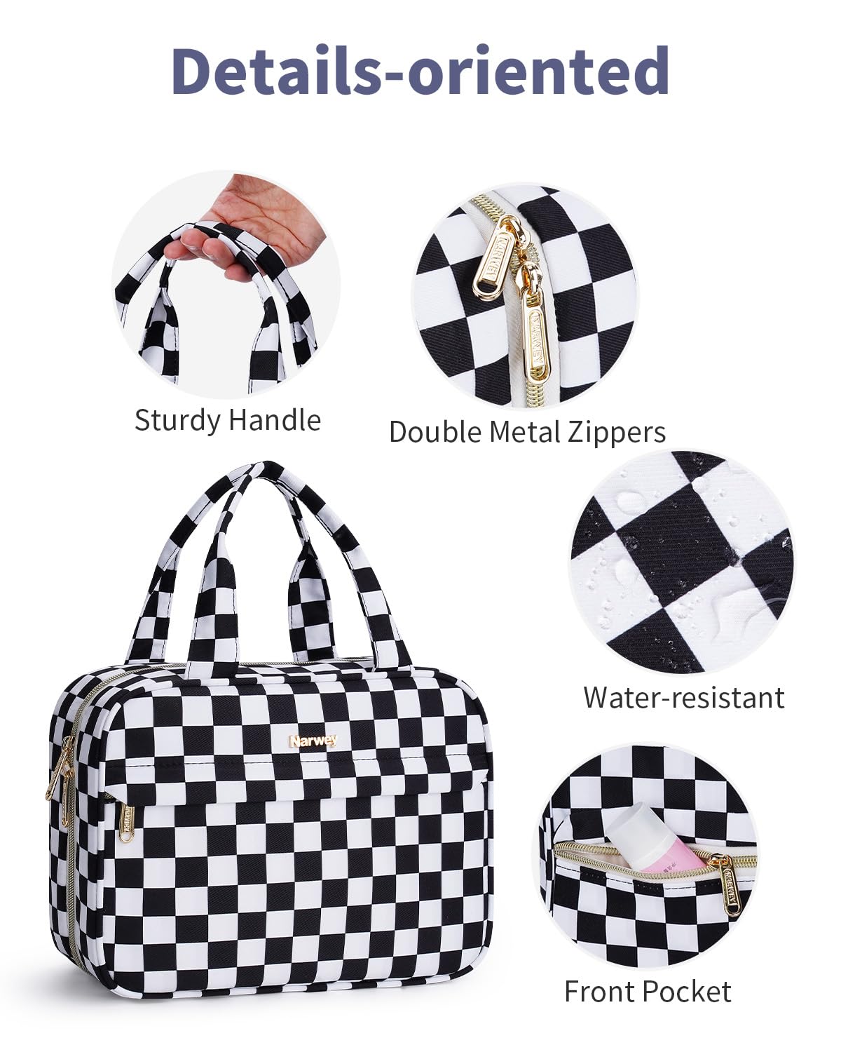 Narwey Hanging Toiletry Bag for Women Checkered Travel Makeup Bag Organizer Cosmetic Make up Toiletries Bag for Travel Essentials Accessories (Black Checkerboard, Medium)