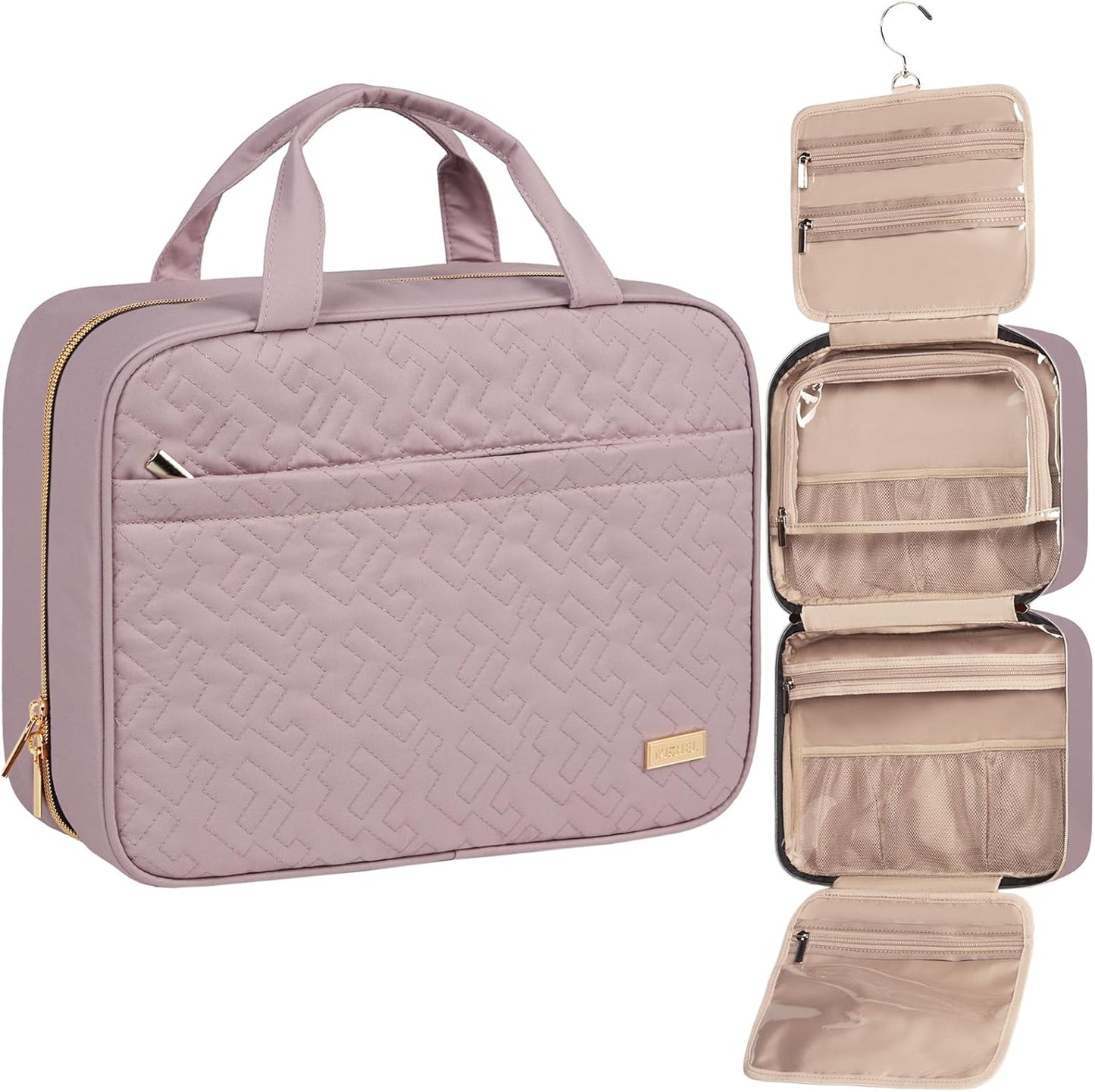 NISHEL Travel Toiletry Bag - Portable Hanging Organizer for Shampoo, Conditioner & Makeup | Medium Pink
