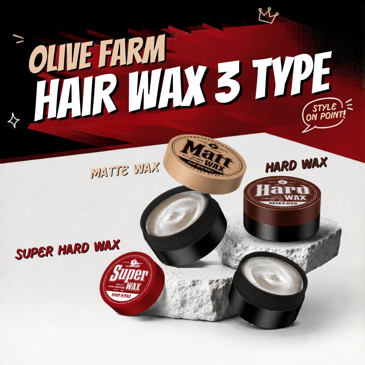Produco OLIVE FARM Super Hard Hair Wax – Strong Hold Styling for Men, Beeswax-Infused Korean Hair Wax, Long-Lasting Matte Finish for Short & Textured Hairstyles (1.76 oz / 50g)