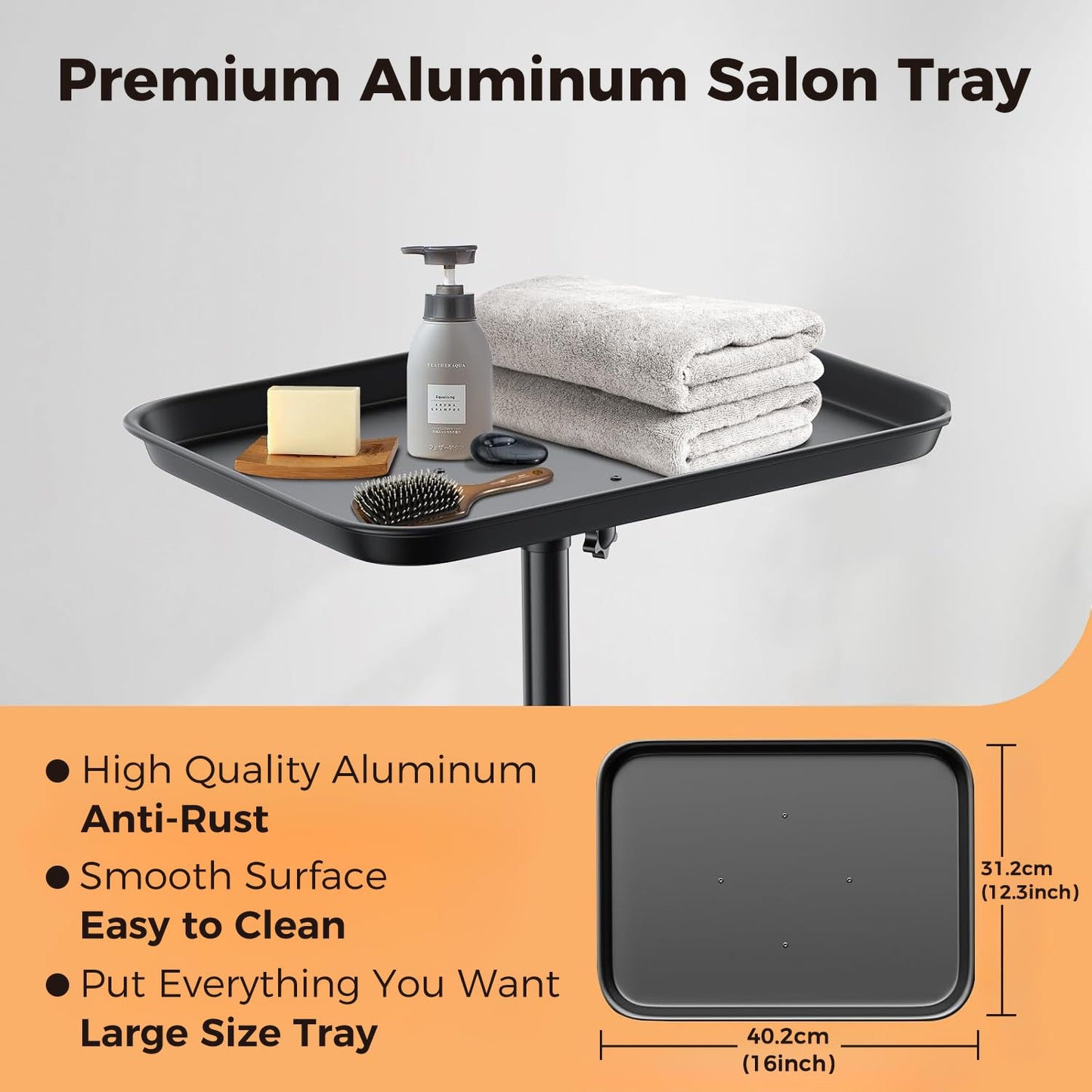 VERYTOP Back-Saving Salon Tray on Wheels, Adjustable Height (25-36inch) Rolling Cart for Hair Stylists, Tattoo Artists, Lash Techs—Spa Clinic Home Salon Trolley (36inch-Black, 12.3×16inch)