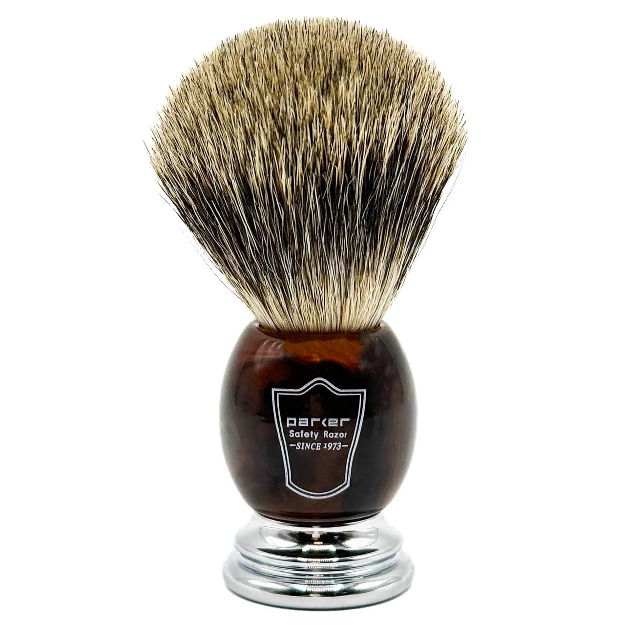 Parker 3-Band Pure Badger Shaving Brush with Faux Horn & Chrome Handle + Stand | 22mm Soft Knot for Dense Lather | Handcrafted Wet Shaving Brush for Cream or Soap | Long Loft