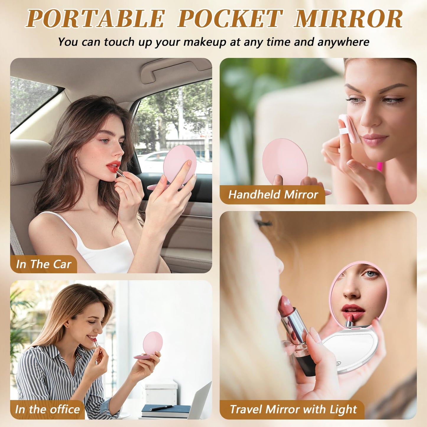 Kakuje Compact Mirror with Light, 1X/3X Magnification LED Pocket Mirror with USB Data Cable,Mini Mirror for Purse, Pocket,Travel and Present (Pink)