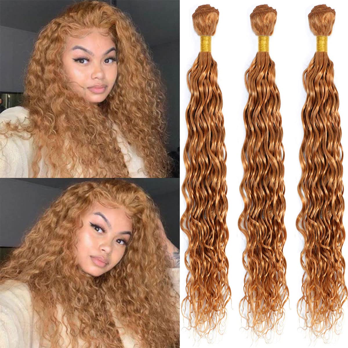 24 26 28 Inch #27 Honey Blonde Bundles Human Hair 3 Bundles Brazilian Remy Hair 100 Grams/Bundle 10A Grade Unprocessed Virgin Hairs Blonde Water Wave Bundle Weaves Extensions