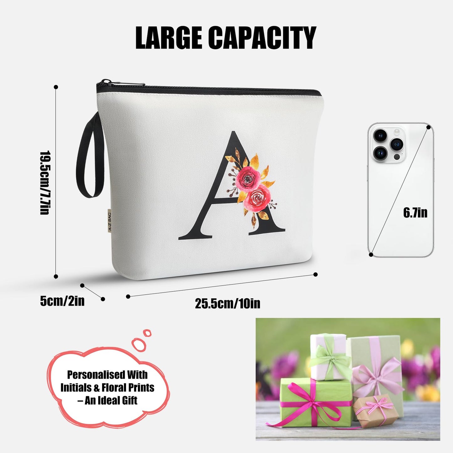 A-Z BAG Personalized Makeup Bag, Birthday Gifts for Women Mom, Gifts for Best Friend, Bride Bridesmaid Cosmetic bag (S, White)