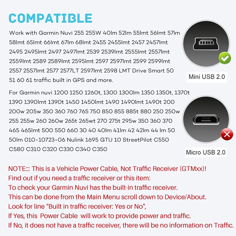 FOUCECLAUS Charger Cable for Garmin GPS, Mini USB Shielding Car Charger Power Cord for Garmin Nuvi Navigator (Car Charger)