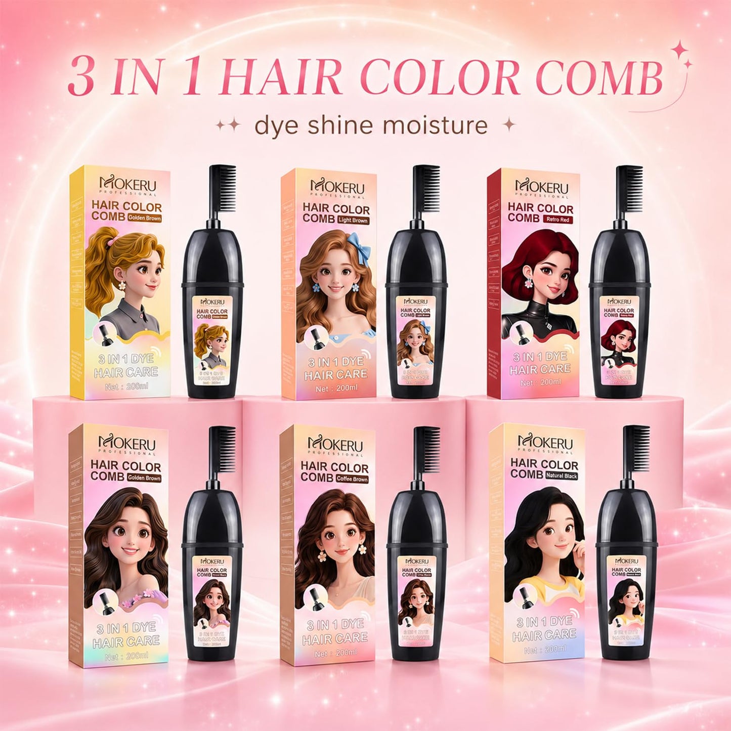 3-In-1 Herbal Hair Coloring Comb | Easy Hair Coloring At Home With Built-In Brush – No Mix, Ammonia-Free, Covers Grays & Nourishes with Argan Oil & Ginseng Suitable for All Hairstyles & Age (200ml)