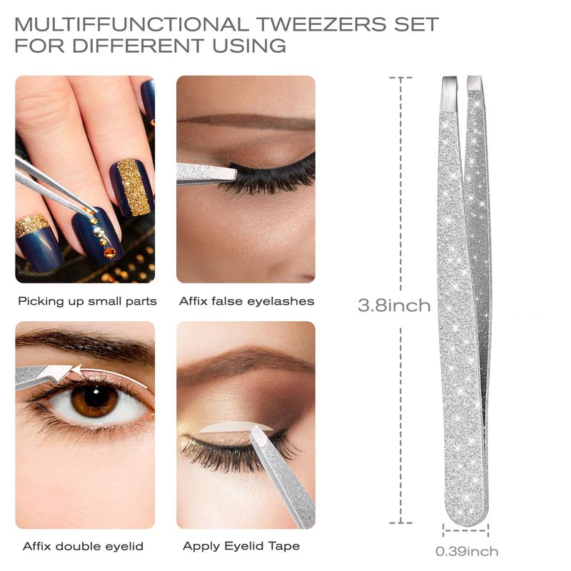 FungChoi 4-Pcs Glitter Stainless Steel Precision Tweezer Set for Eyebrows, Ingrown Hair & Lash Extensions (Bright Silver)