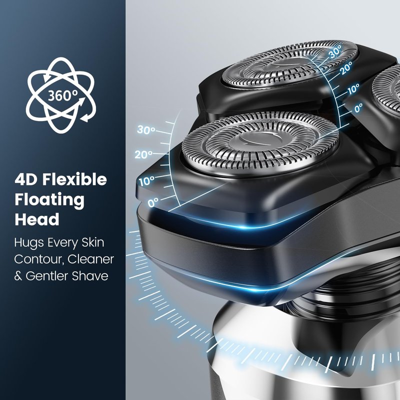 Electric Razor for Men: Wet/Dry Electric Shaver with 4D Flexible Floating Technology, Low Noise High-Torque Motor, 3-in-1 Cordless Shaver for Beard/Nose/Sideburns