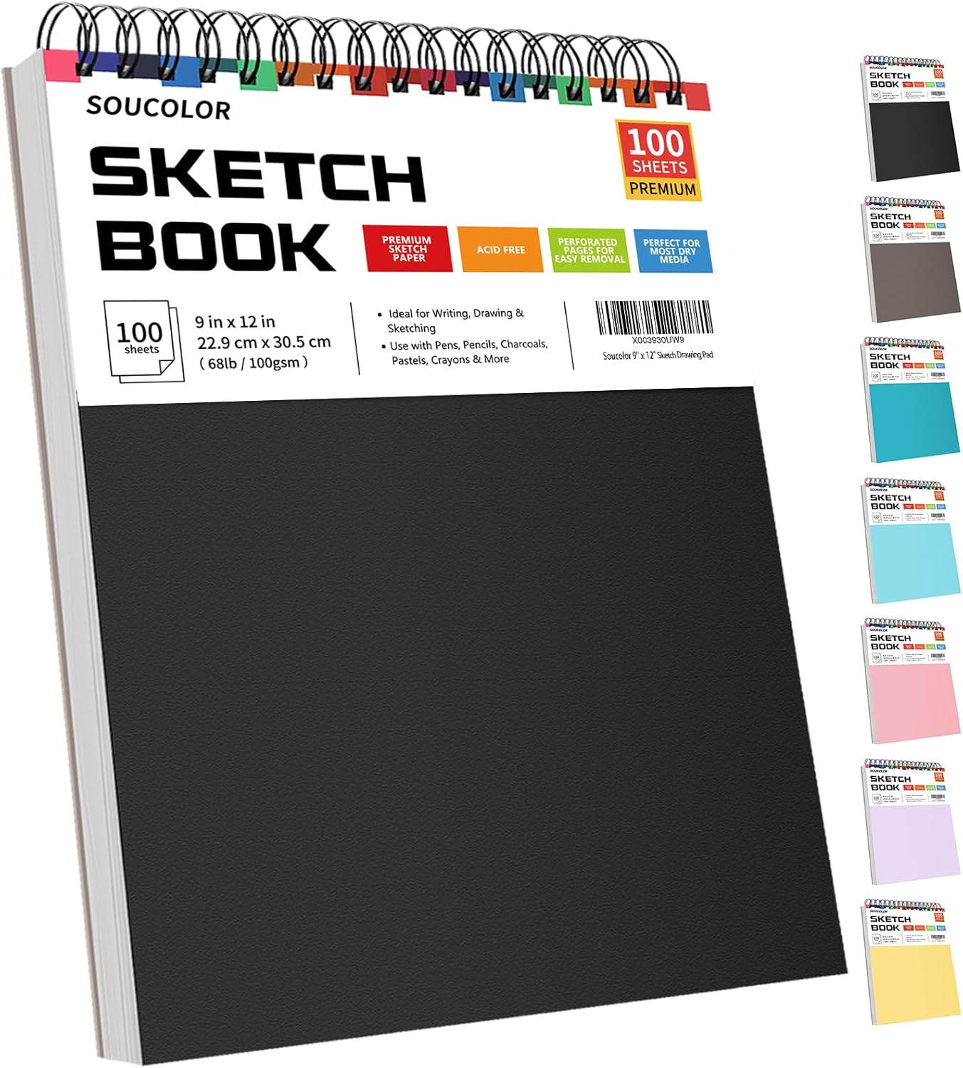 Soucolor Sketch Book - 9" x 12" Top Spiral Bound, 100 Sheets Acid-Free Drawing Paper | Ideal for Kids, Adults & Artists
