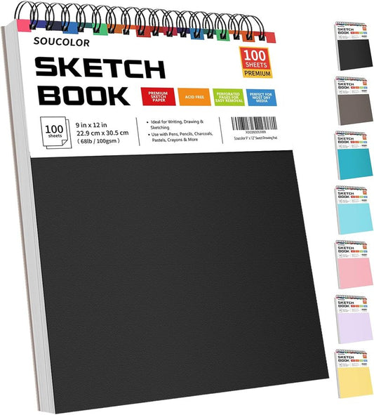 Soucolor Sketch Book - 9" x 12" Top Spiral Bound, 100 Sheets Acid-Free Drawing Paper | Ideal for Kids, Adults & Artists
