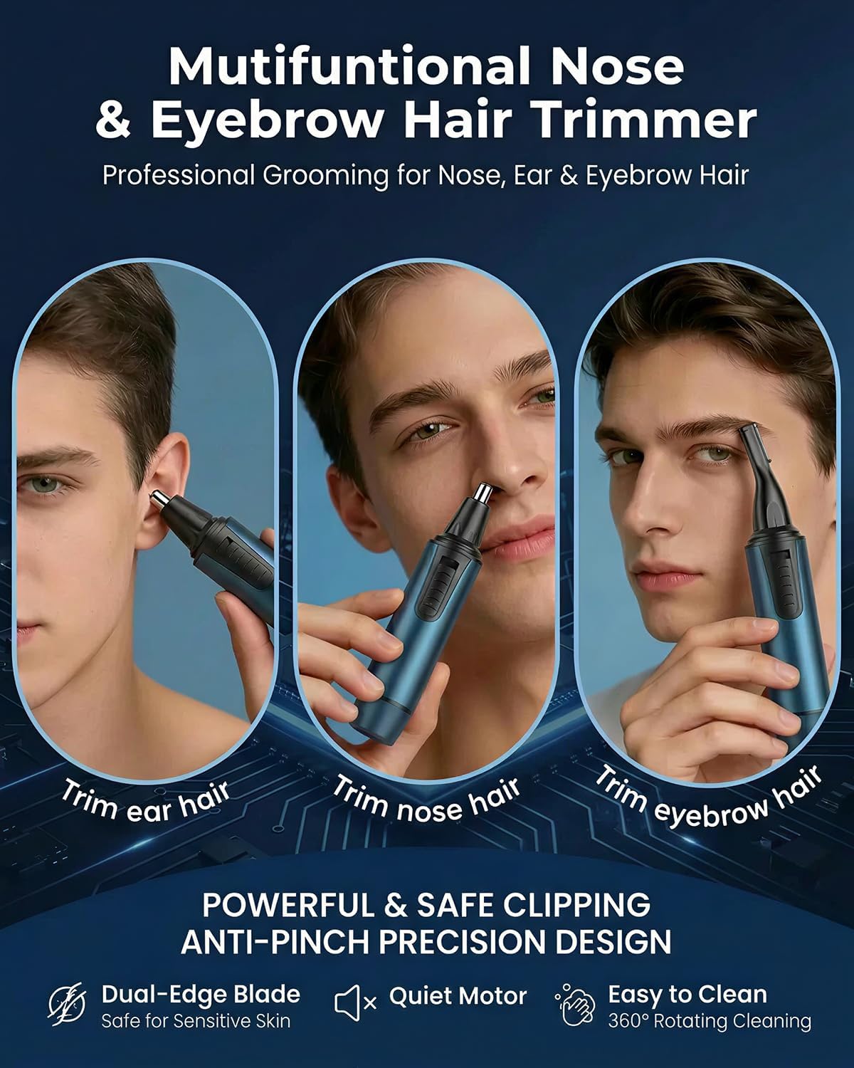 AREYZIN Nose Hair Trimmer for Men - 3-in-1 Painless Rechargeable Grooming Kit | IPX7 Waterproof, Dual Edge Blades
