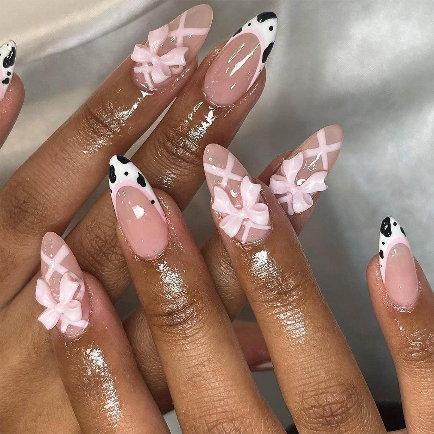 3D Flower Press-On Nails - Medium Square Pink French Tip with Star Rhinestones | Full Cover Artificial Nails for Women
