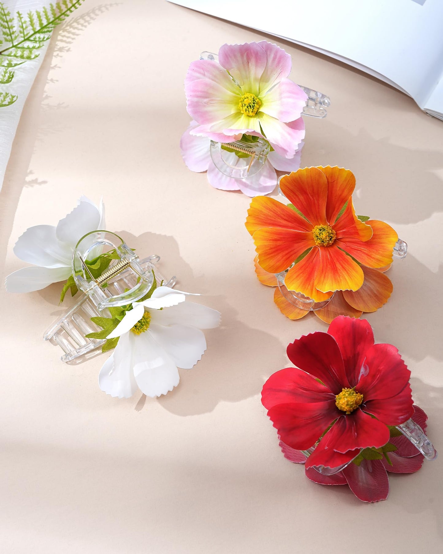 Mesovor 4 Pack Hawaiian Flower Hair Claw Clips, Artificial Tropical Orchid Hair Clip | Flower Clips for Hair Wedding Bridal Beach Party (Red+Orange+Pink+White)