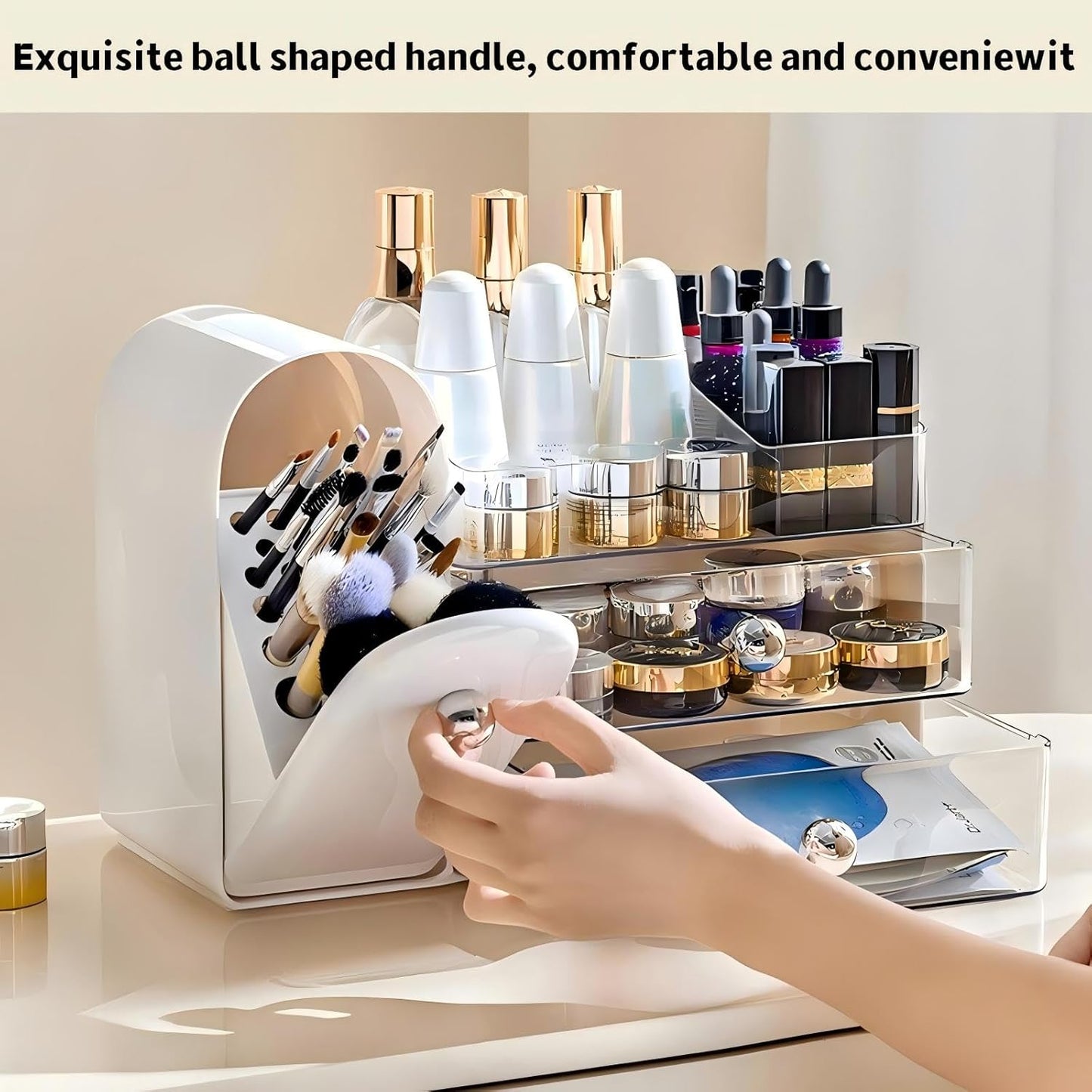 Makeup Organizer for Vanity - Large White Storage with Covered Brush Holder & Drawer | Bathroom & Skin Care Organizer