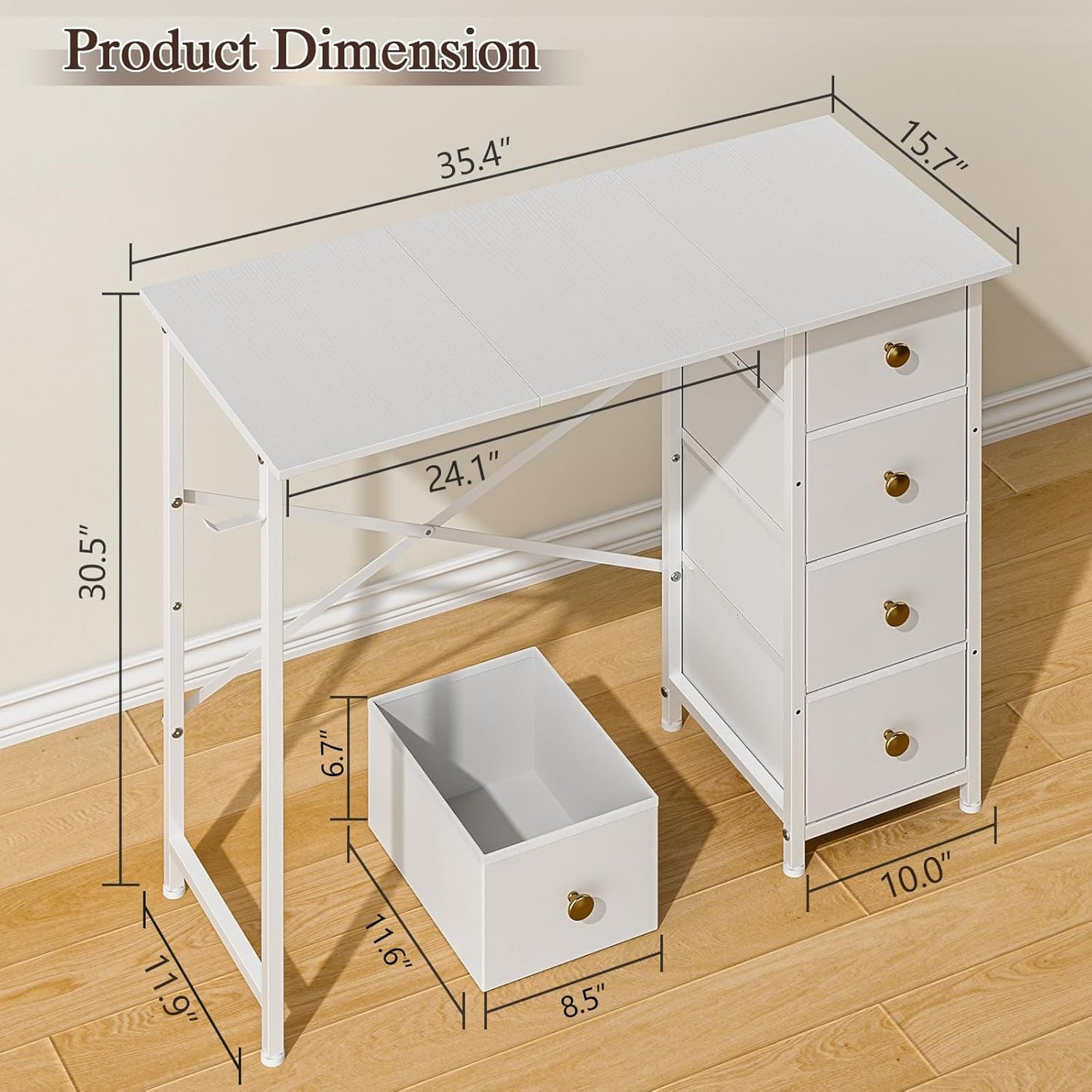 Small White Desk - 35.4 Inch Writing Desk with Drawers | Reversible Study Table for Kids & Teens