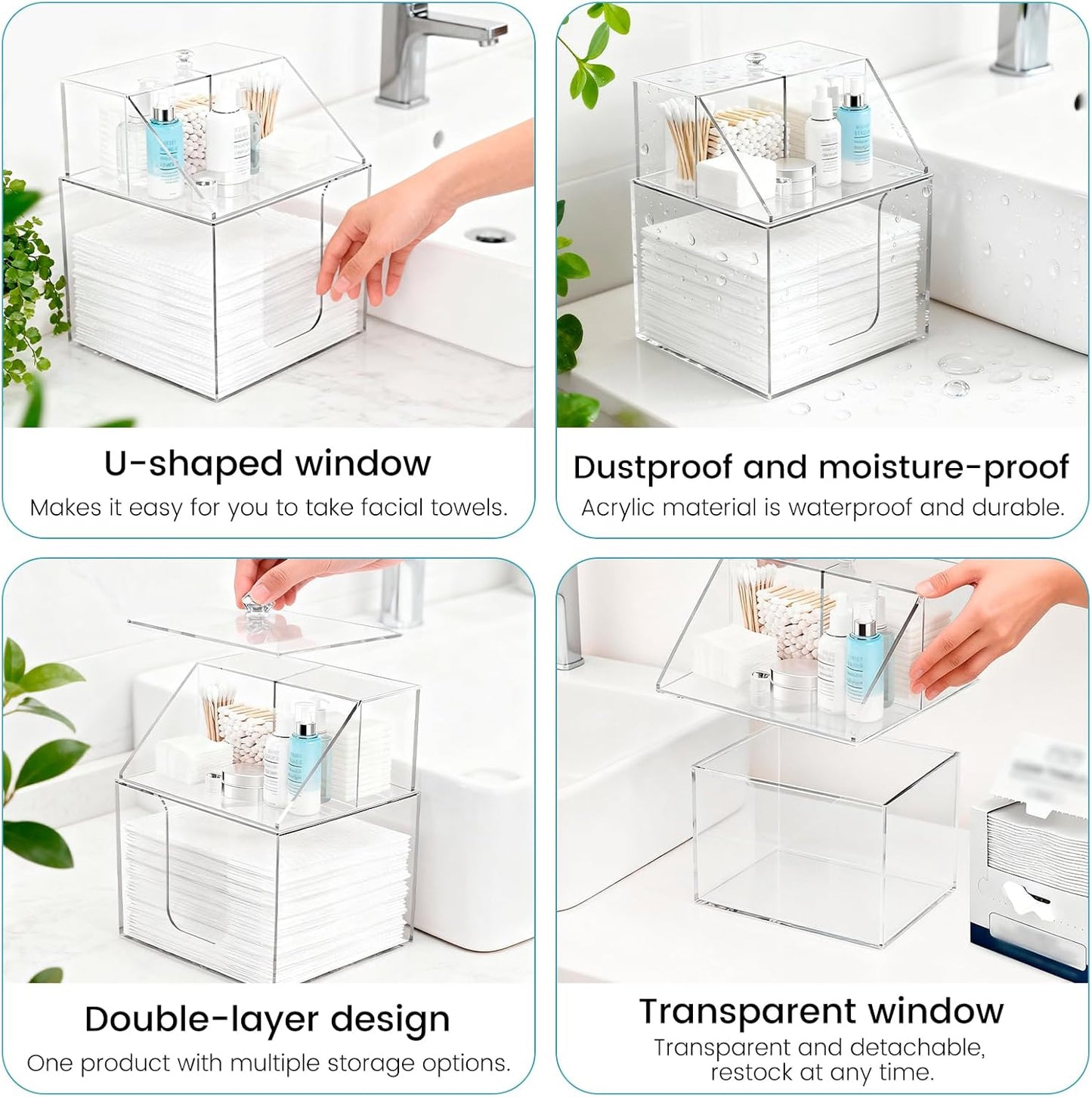 Face Towel Storage Box - 3-in-1 Detachable Holder for Cleaning Accessories | Clear Acrylic, Holds 50 Towels