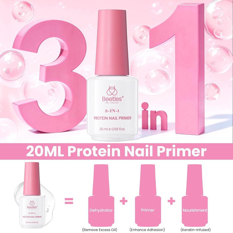 Beetles Protein Nail Dehydrator - 3-in-1 HEMA-Free Primer & Keratin-Infused Formula | Enhance Adhesion & Remove Excess