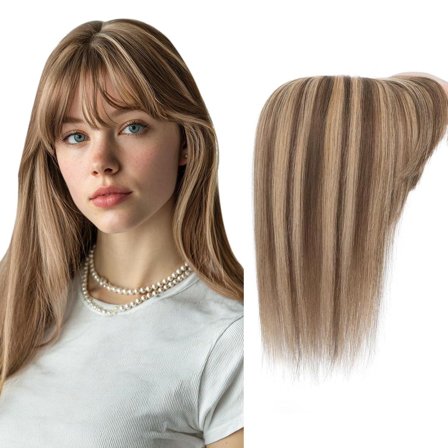 Hair Toppers for Women - Real Human Hair Clip-In 10 Inch Straight Hairpieces | Medium Brown Silk Base with Bangs