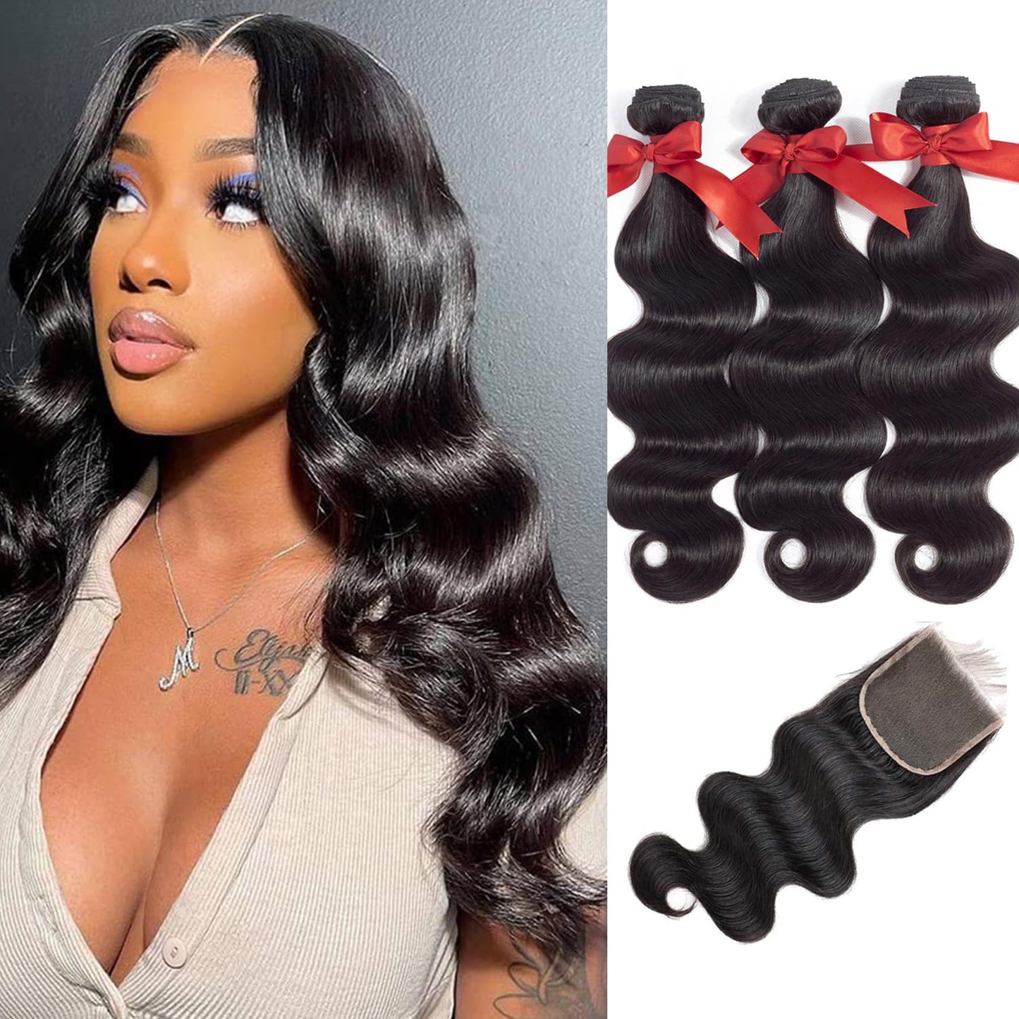 ALLRUN Body Wave Bundles with Closure Human Hair 12 14 16Inch+10Closure Body Weaves 3 Bundles and Closure Free Part 100% Unprocessed Virgin Brazilian Hair Natural Black Color