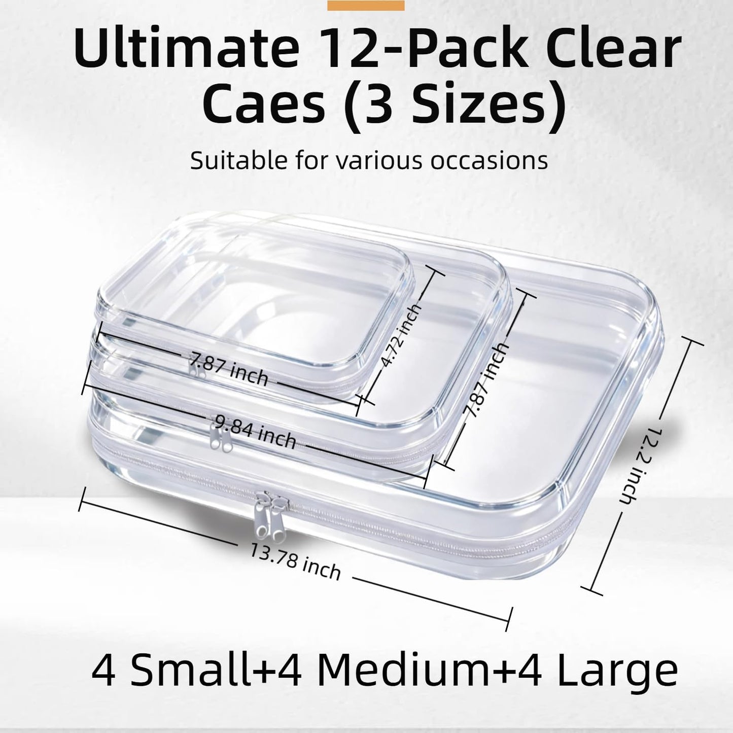 Clear Hard Shell Zipper Cases - 12 Pack Makeup & Pencil Organizers | 4 Large, 4 Medium, 4 Small - White