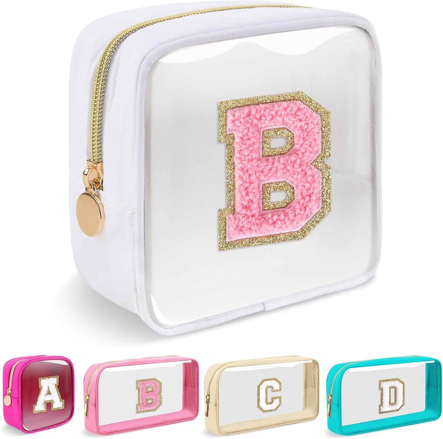 Personalized Initial Makeup Bag - Waterproof Nylon Cosmetic Pouch | A-Z Chenille Letter Patch, White-Pink G