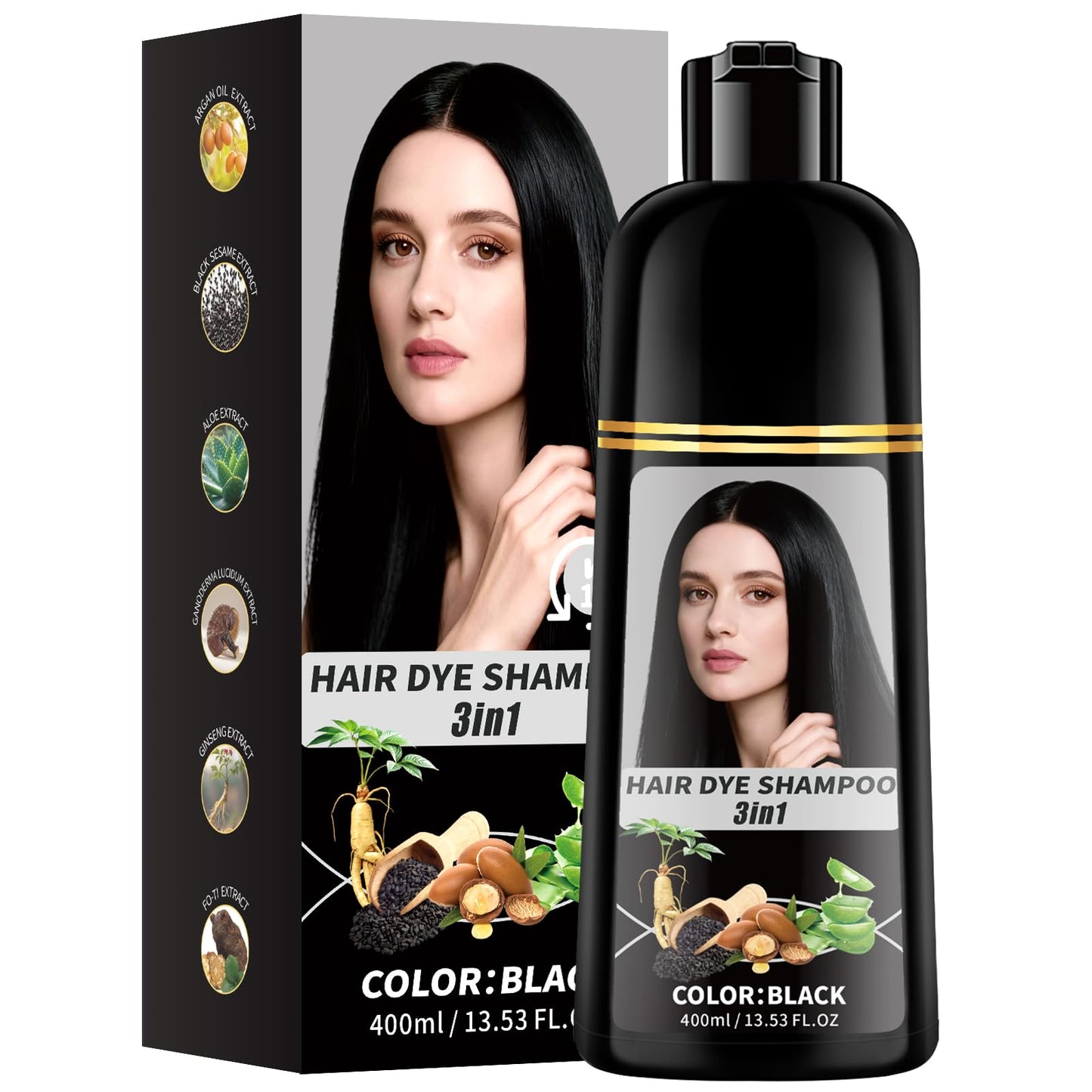 Black Hair Dye Shampoo, 100% Gray Hair Coverage Black Hair Dye for Women Men, 3 in 1 Natural Herbal Ammonia Free Instant Hair Color Shampoo with Long-lasting Color Effect