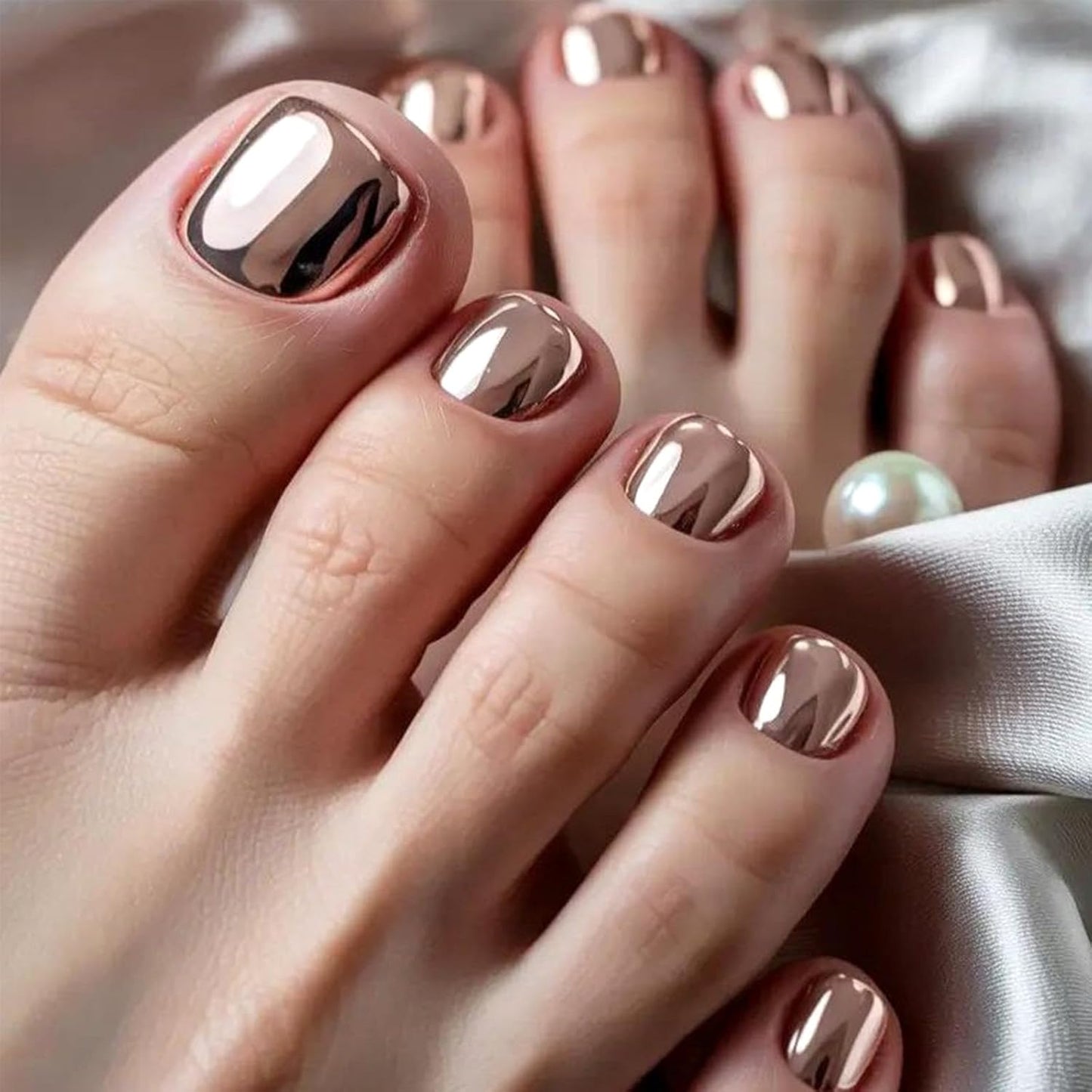 French Tip Press-On Toenails - Short Square Acrylic Nails with 3D Flower & Rhinestones | 24 Pcs Glossy Pink Set
