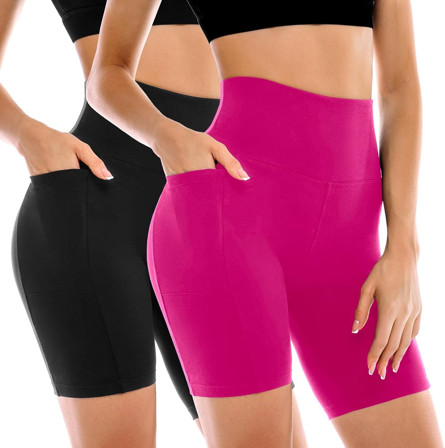 High Waisted Tummy Control Biker Shorts for Women - 2 Pack with Pockets | Yoga & Workout Gear
