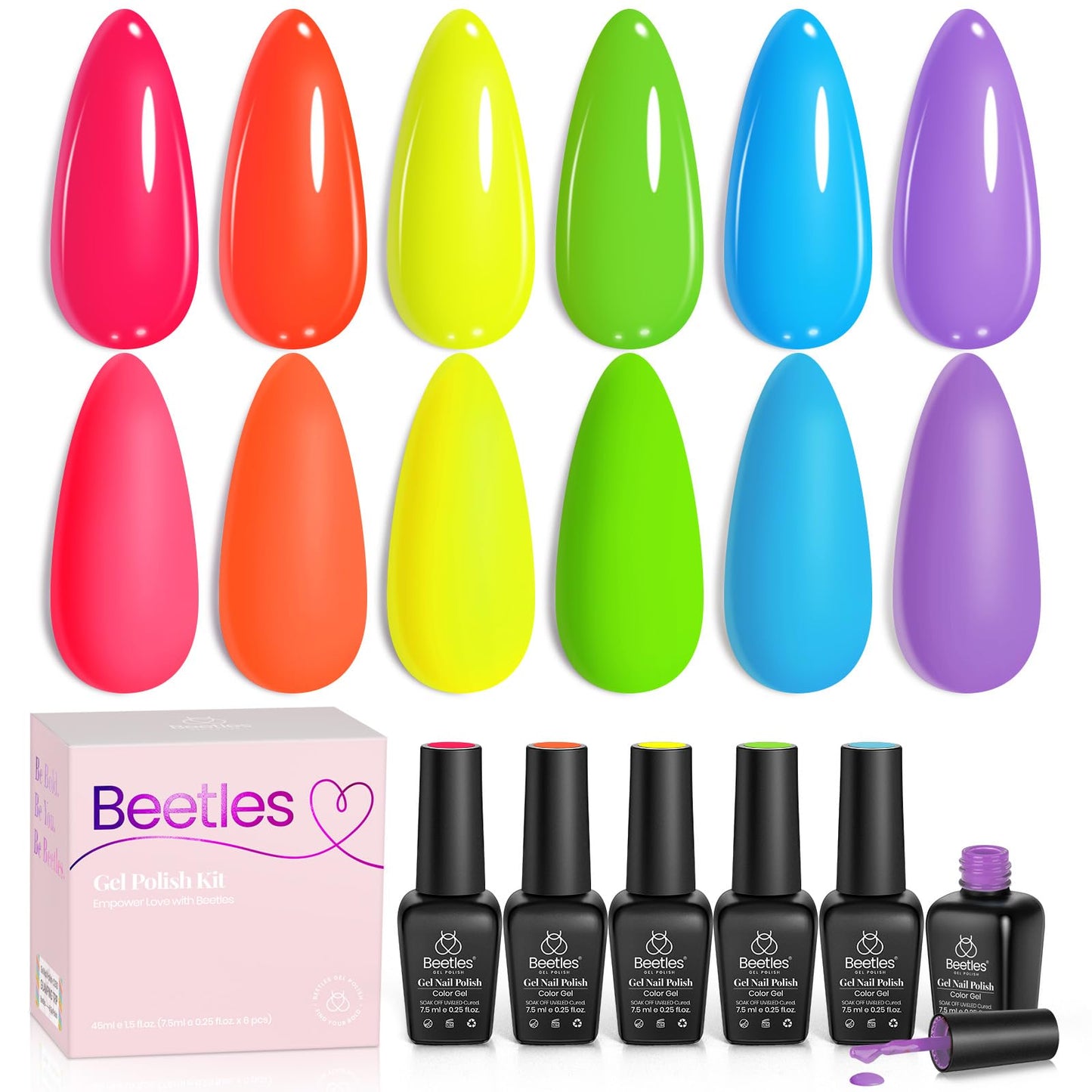 Beetles Neon Gel Nail Polish - Rainbow Kingdom, 6 Colors Hot Pink Blue Yellow Green Summer Gel Nail Polish Set, Soak Off UV LED Bright Rainbow Summer Nails Art, Long-Lasting Manicure Salon DIY Home
