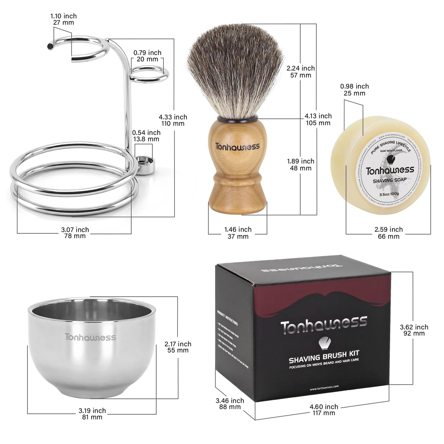 Badger Hair Shaving Brush With Wood Handle, Goat Milk Shaving Soap, Dual-ring Base Stainless Steel Shaving Stand Holder and 3 Layers Shaving Bowl for Men's Wet Shaving (Wood With Badger Hair)