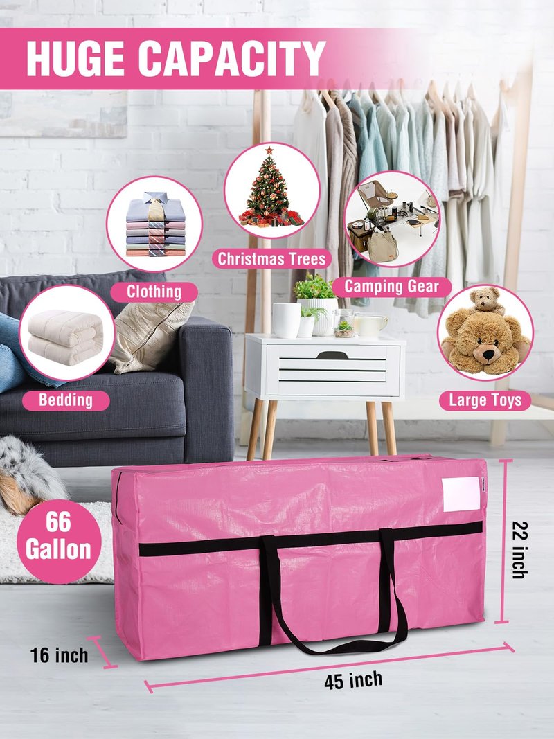 WORKPRO 1-Pack 66 Gallon Extra Large Moving Bags with Zippers & Carry Handles, Heavy-Duty Storage Totes, 45" x 16" x 22", Holds Up to 110 lbs, for Moving, Dorm Move-In & Storage Organization, Pink