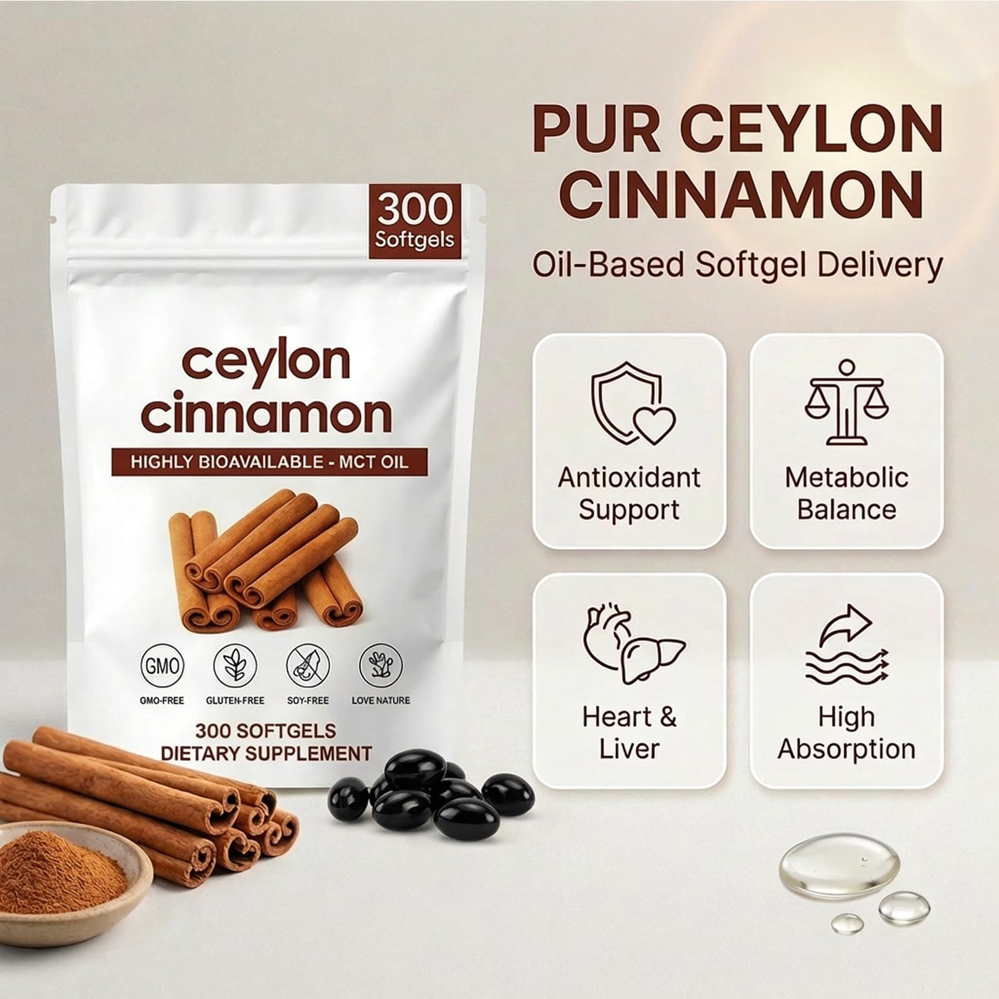 ZRRTXV Ceylon Cinnamon Softgels 𝟳𝟮𝟬𝟬𝙢𝙜 with MCT Oil, Herbal Extract Cinnamon Supplements, Non-GMO, Gluten Free, 300 Soft Gels