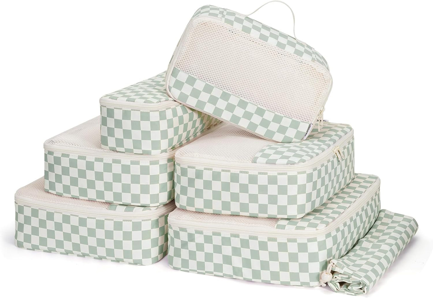Checkered Packing Cubes Set - Durable Travel Organizer Bags for Kids & Women | Mint Green Checkerboard