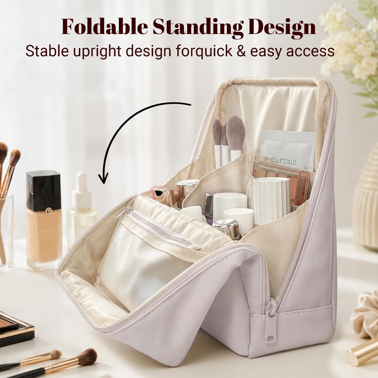seektik Standing Makeup Bag for Women Large Waterproof Cosmetic Bags with Compartments Foldable Travel Make up Storage Bag Organizer for Toiletries & Brushes with Detachable Dividers (Light Pink)