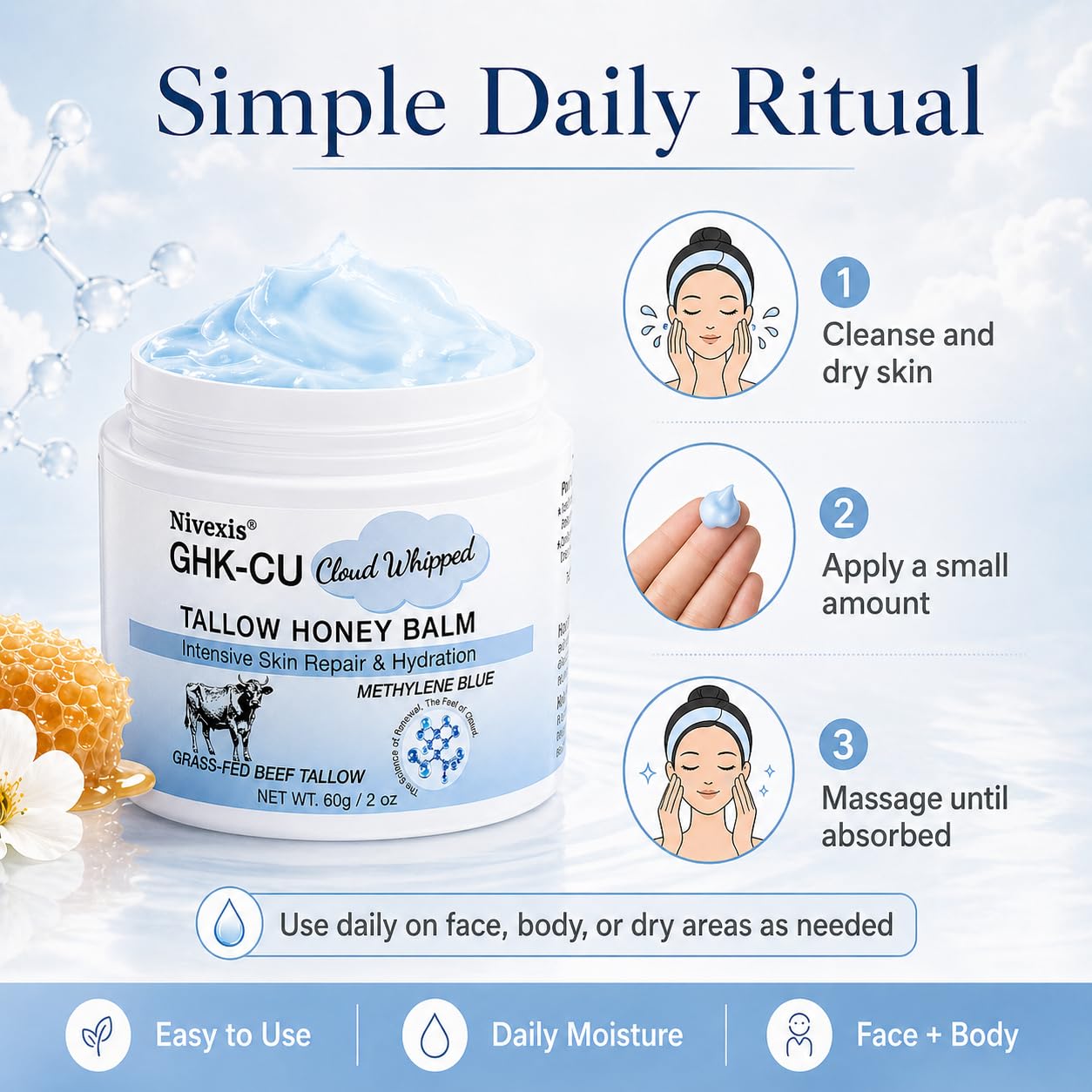 GHK-Cu Copper Peptide Balm - Grass Fed Beef Tallow & Manuka Honey Moisturizer for Mature Dry Skin | 2 Oz