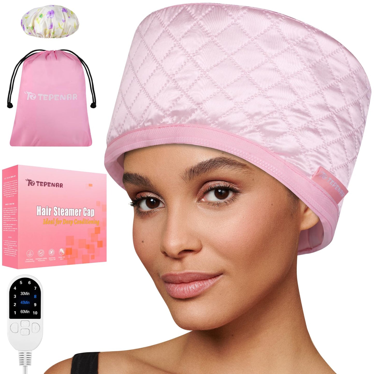 TEPENAR Hair Steamer for Deep Conditioning: Upgraded Heat Cap with 10-Level Fast Heating 3 Time Settings for Natural Hair Portable Thermal Steam Cap for Home Hair Treatment - Pink