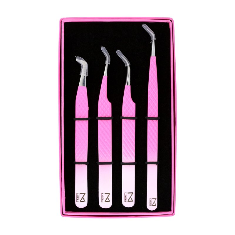 M LASH Tweezers for Eyelash Extensions (Set of 4) - Professional Lash Extension Tweezers - Fiber Tip, Japanese Steel, Diamond Grip Eyelash Extension Tweezer (PW-Ombre)