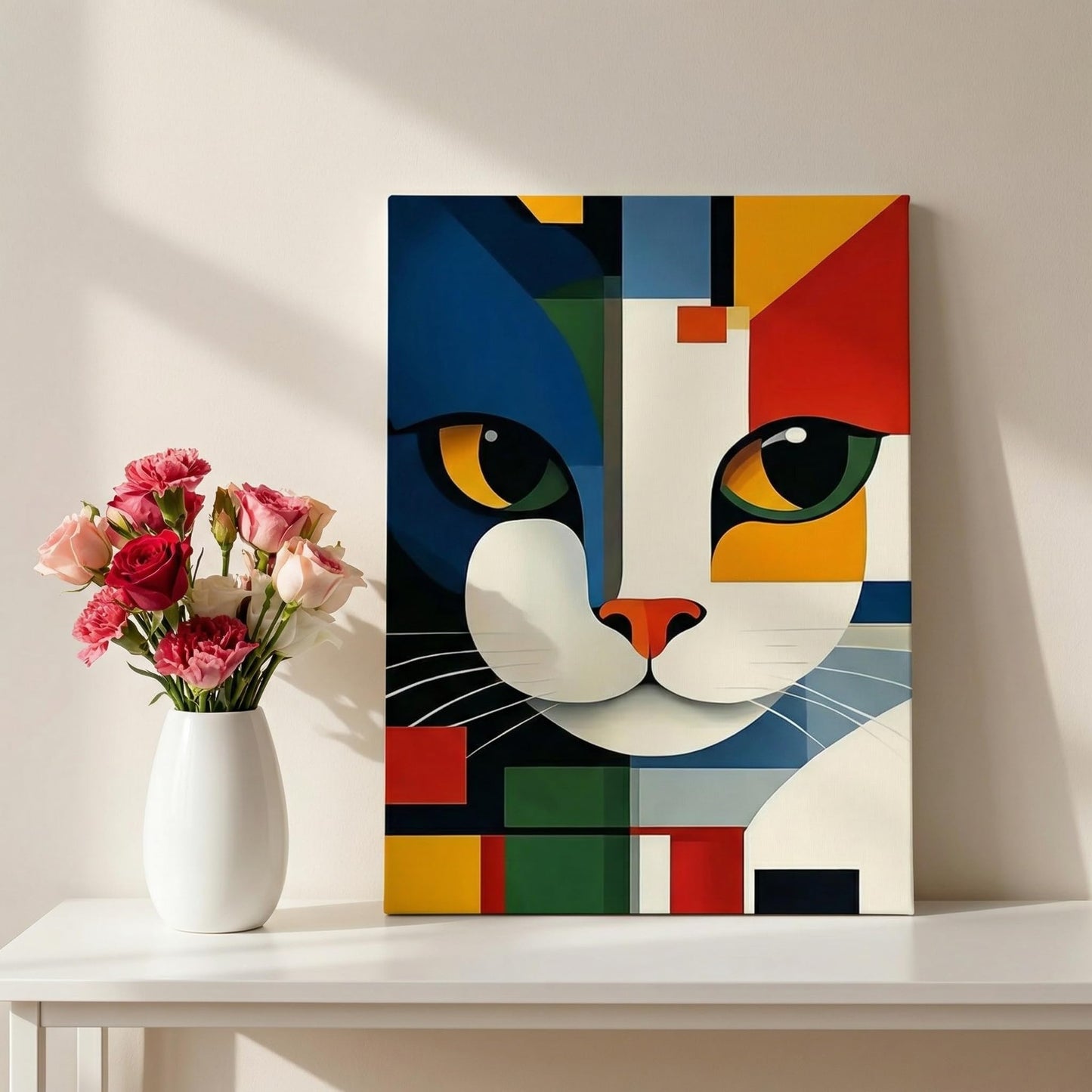 Cat Decor, 15x20 Modern Geometric Abstract Gifts For Women Unframed Canvas Painting, Aesthetic Vibrant Cat Wall Art Minimalist Room Decor For Bedroom Living Room Home Office