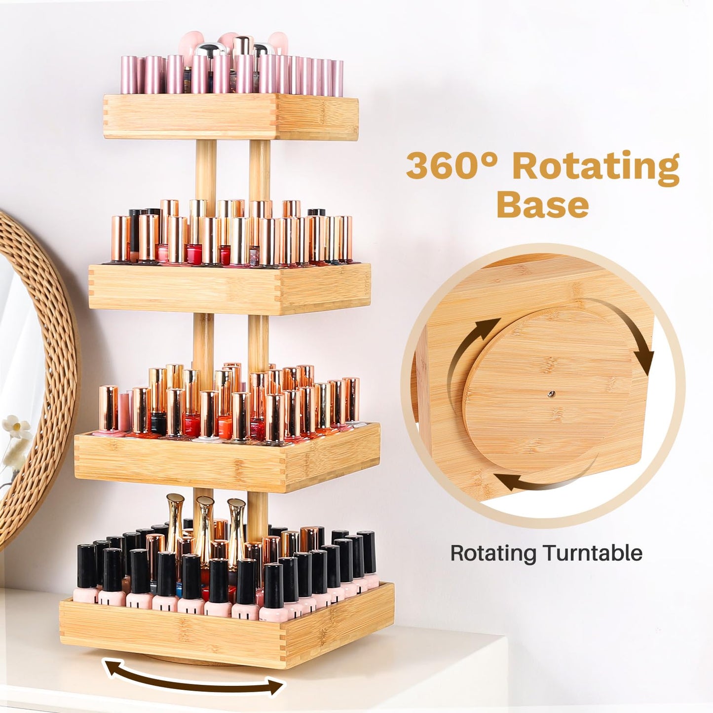 Homde Nail Polish Display Stand and Storage: 360 Degree Rotating Bamboo Rack Organizer, 4 Tier Makeup Holder for Fast Access on Countertop or Vanity for Girls & Women,Brown