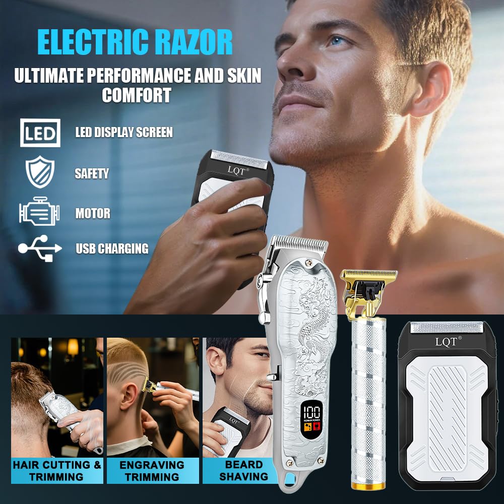 LQT Professional Hair Clippers for Men, Cordless 3-in-1 Hair & Beard Trimmer Set, Adjustable Lever, Waterproof, Long Lasting Battery, Gift for Dad, Husband, Christmas, Birthday