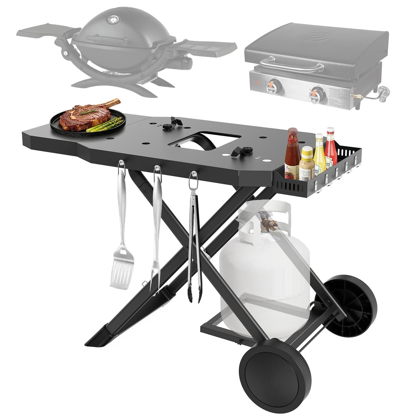 Barbqtime Portable Grill Cart for Blackstone 17" & 22" Griddle, Foldable Grill Table with Propane Tank Holder, Outdoor Portable BBQ Grill Stand for Backyard, Camping, Tailgating