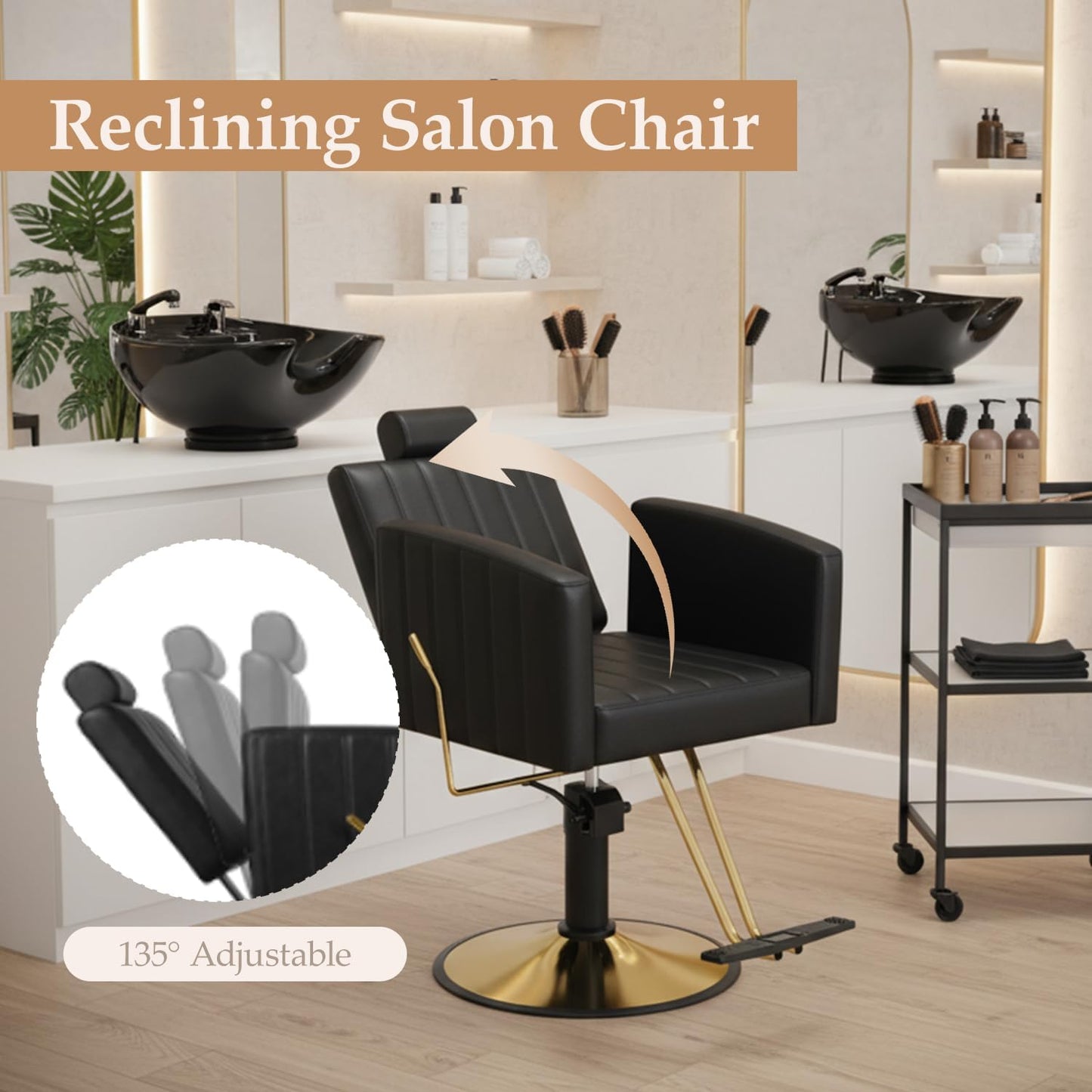 Professional Barber Salon Chair - Heavy Duty Hydraulic Design, 135° Recline, 360° Swivel | Black and Gold PU Leather