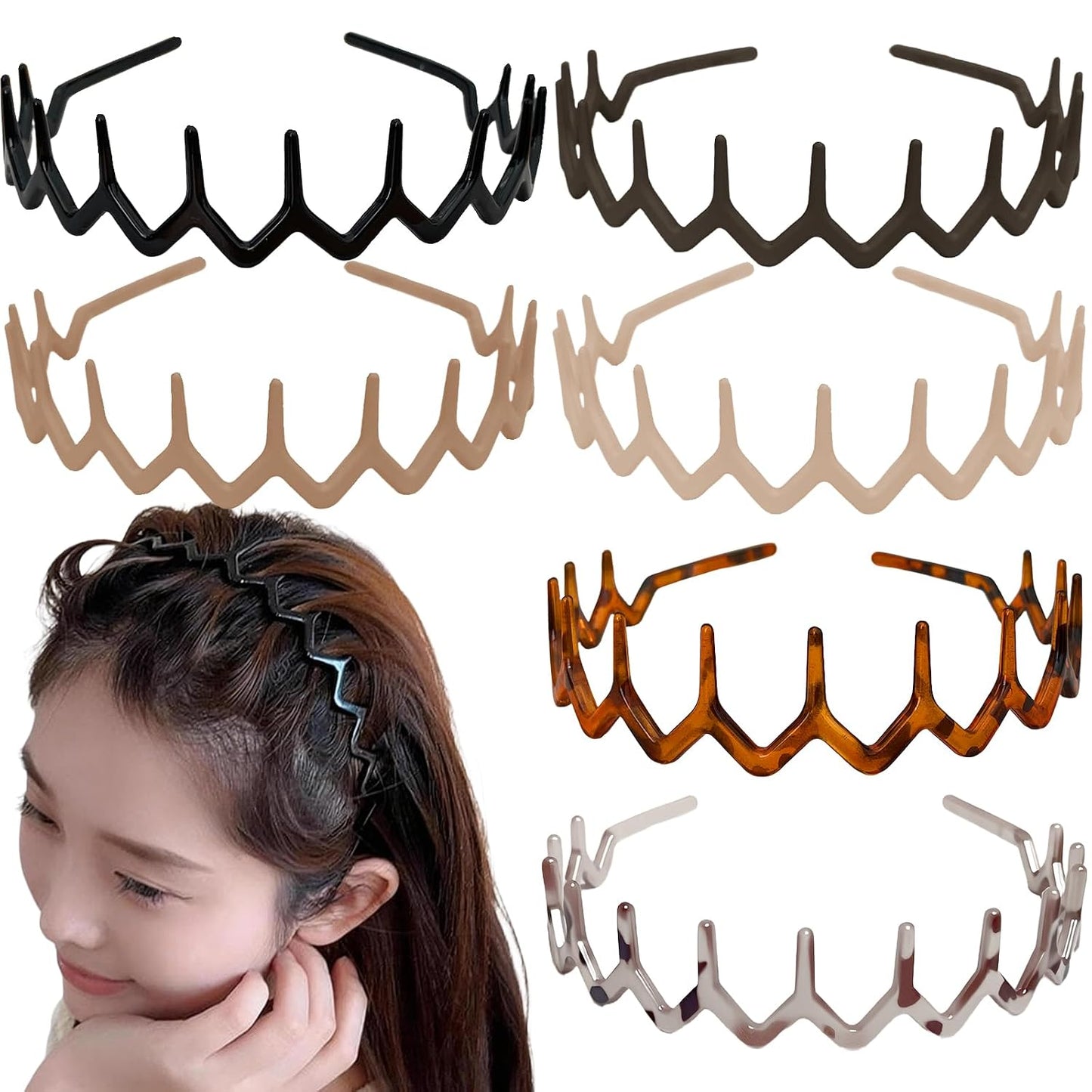 Zig Zag Headbands for Women - Non-Slip Plastic Hair Bands | 90s Retro Style, 6 Pack for Daily Use