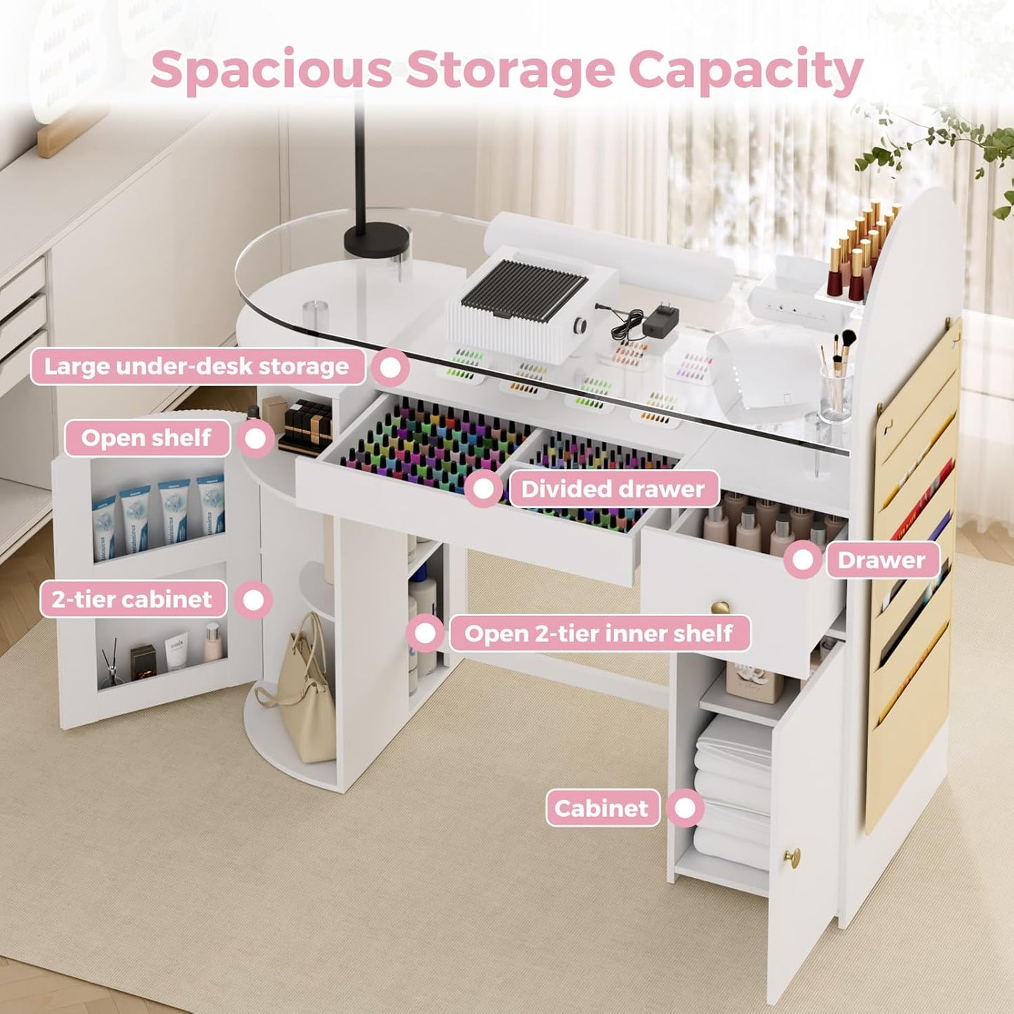 Professional Manicure Table with Dust Collector - Tempered Glass Top & Storage Drawer | Nail Salon Workstation (White)
