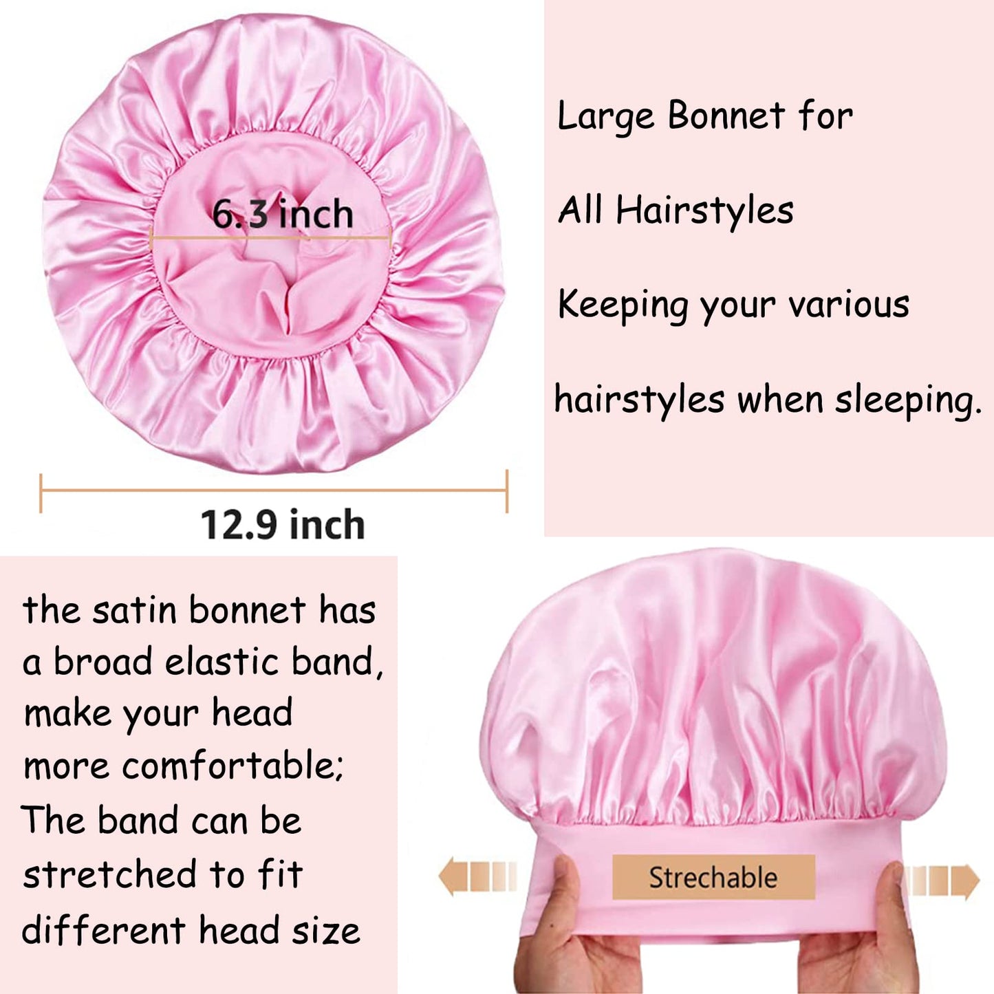 3 Pack Satin Bonnet Silk Bonnet for Sleeping, Bonnets for Black Women, Elastic Wide Band Hair Bonnet for Sleeping