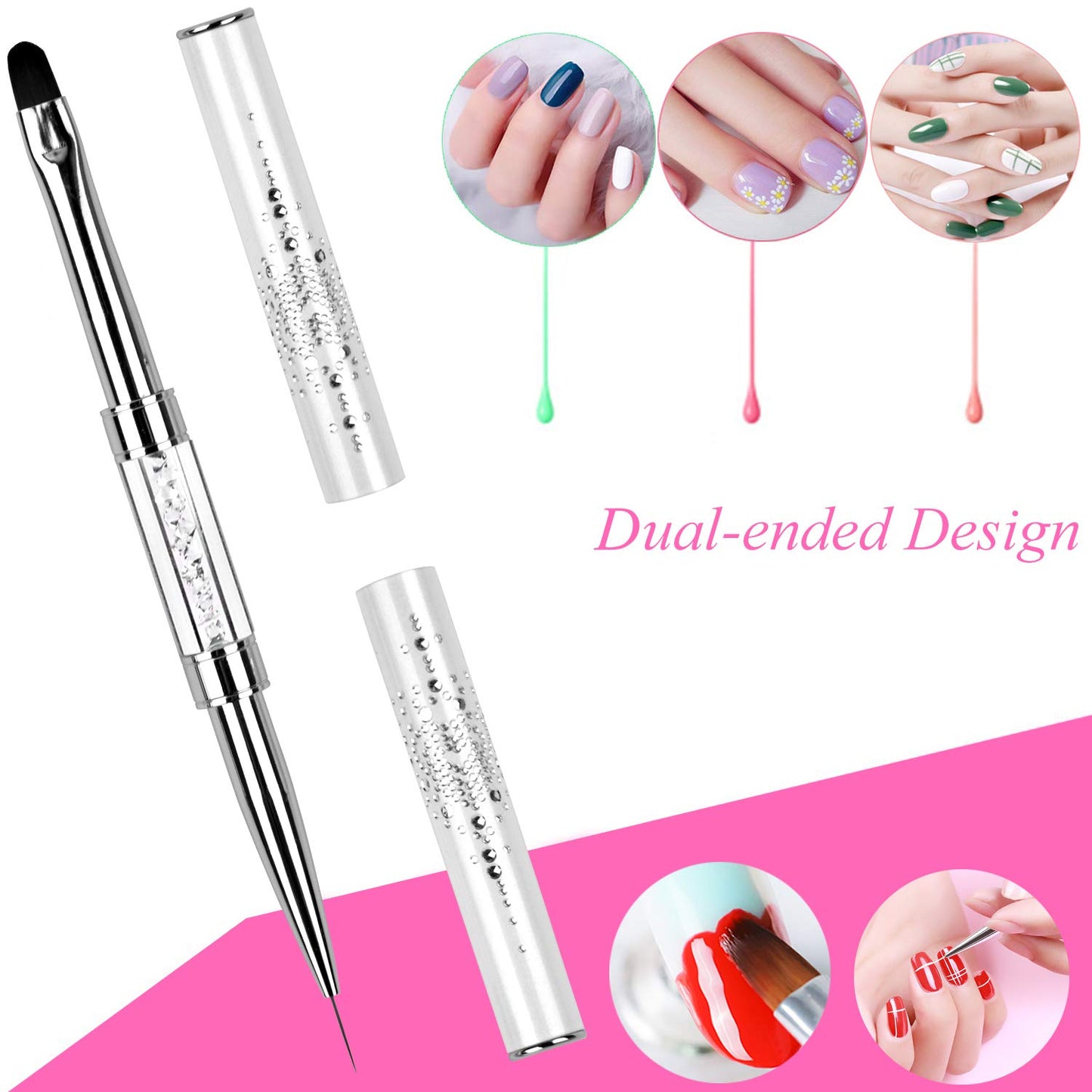 Ycyan 1Pcs Dual-ended UV Builder Gel Nail Brush Rhinestone Handle Nail Art Liner Brush Polygel Hard Gel Nail Brushes White