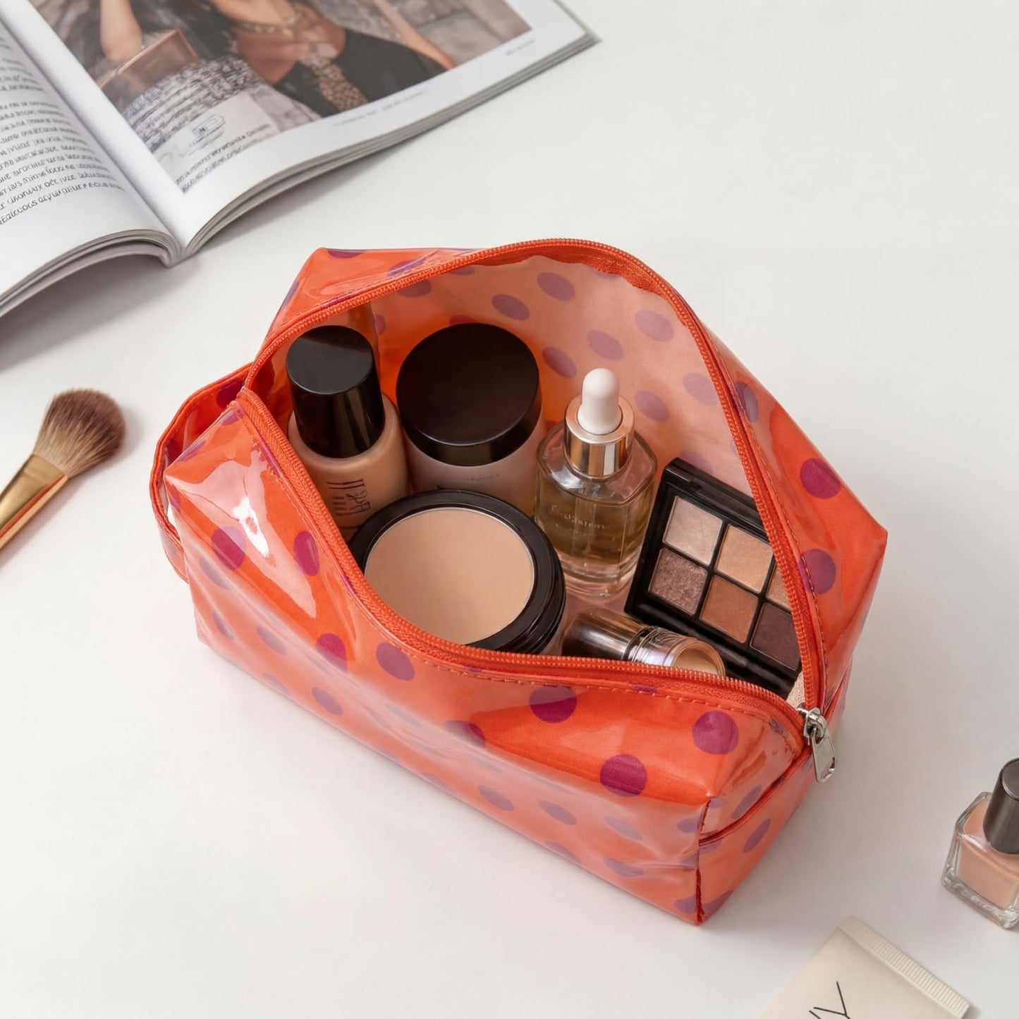 Lestikave PVC Polka Dots Makeup Bag,Easy to Clean,Waterproof Clear Coated Cosmetic Bag,Cute Travel Organizer Zipper Pouch for Beach Vacation Essentials(05Orange)
